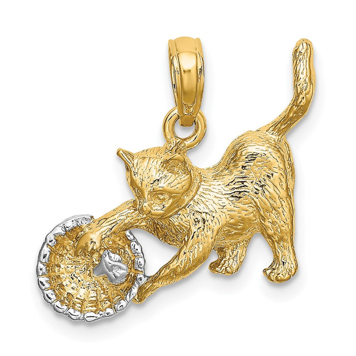 10K w/Rhodium Cat Playing W/Yarn In Basket Charm-10K9324