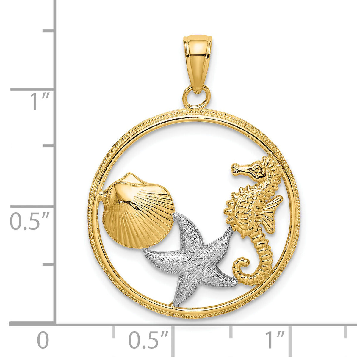 10k w/Rhodium Scallop, Starfish ,Seahorse Circle Charm-10K9404