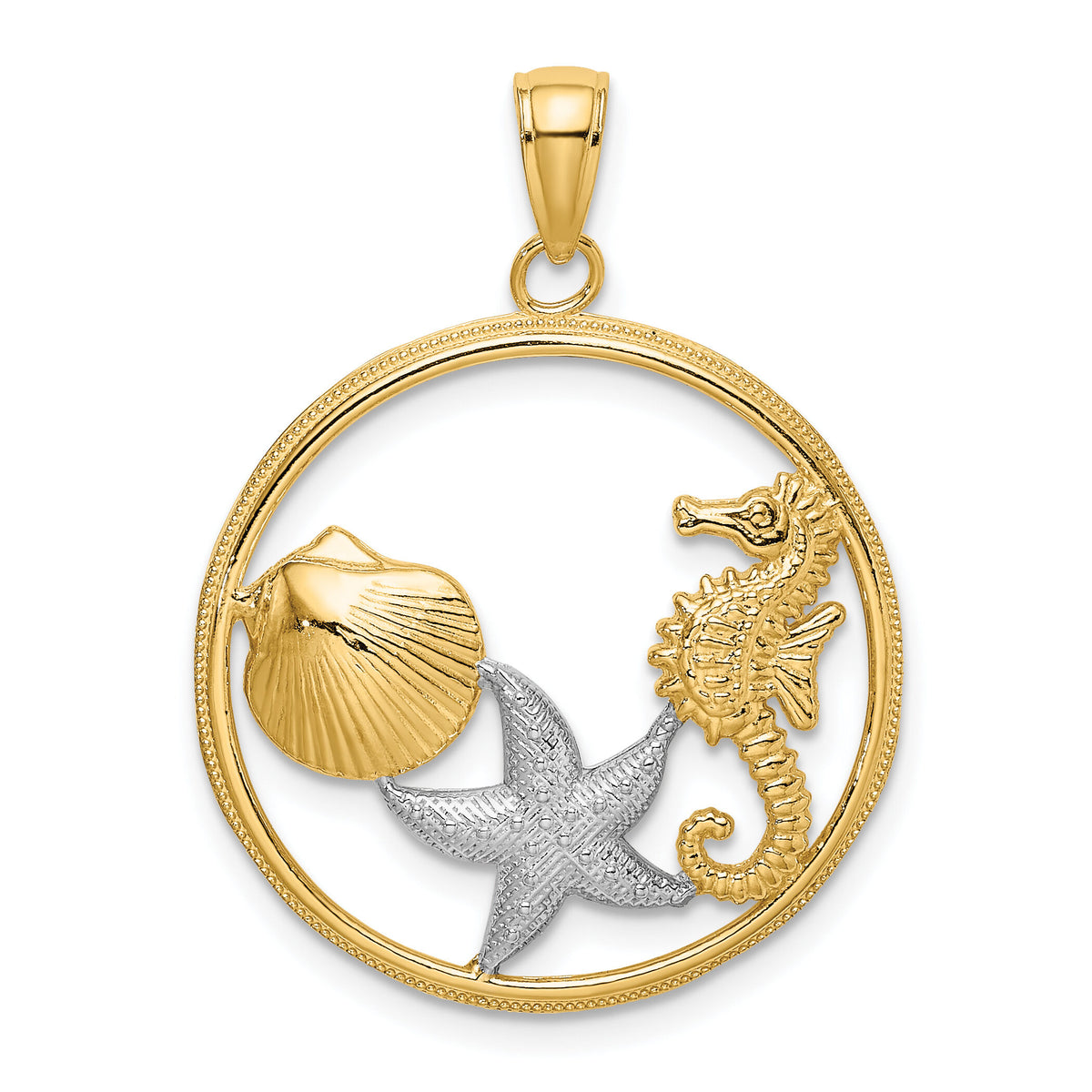 10k w/Rhodium Scallop, Starfish ,Seahorse Circle Charm-10K9404