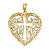 10K W/ RhodiumCut-Out Beaded Filigree Heart W/ Cross Charm-10K9411