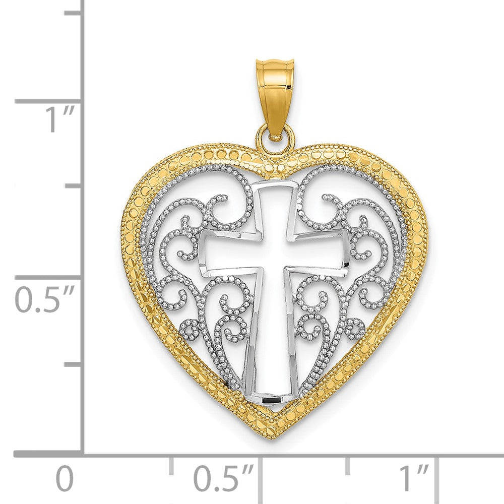 10K W/ RhodiumCut-Out Beaded Filigree Heart W/ Cross Charm-10K9411