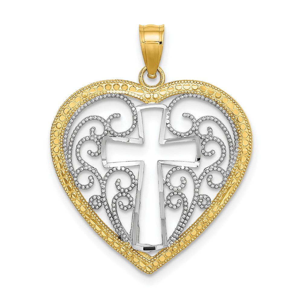 10K W/ RhodiumCut-Out Beaded Filigree Heart W/ Cross Charm-10K9411