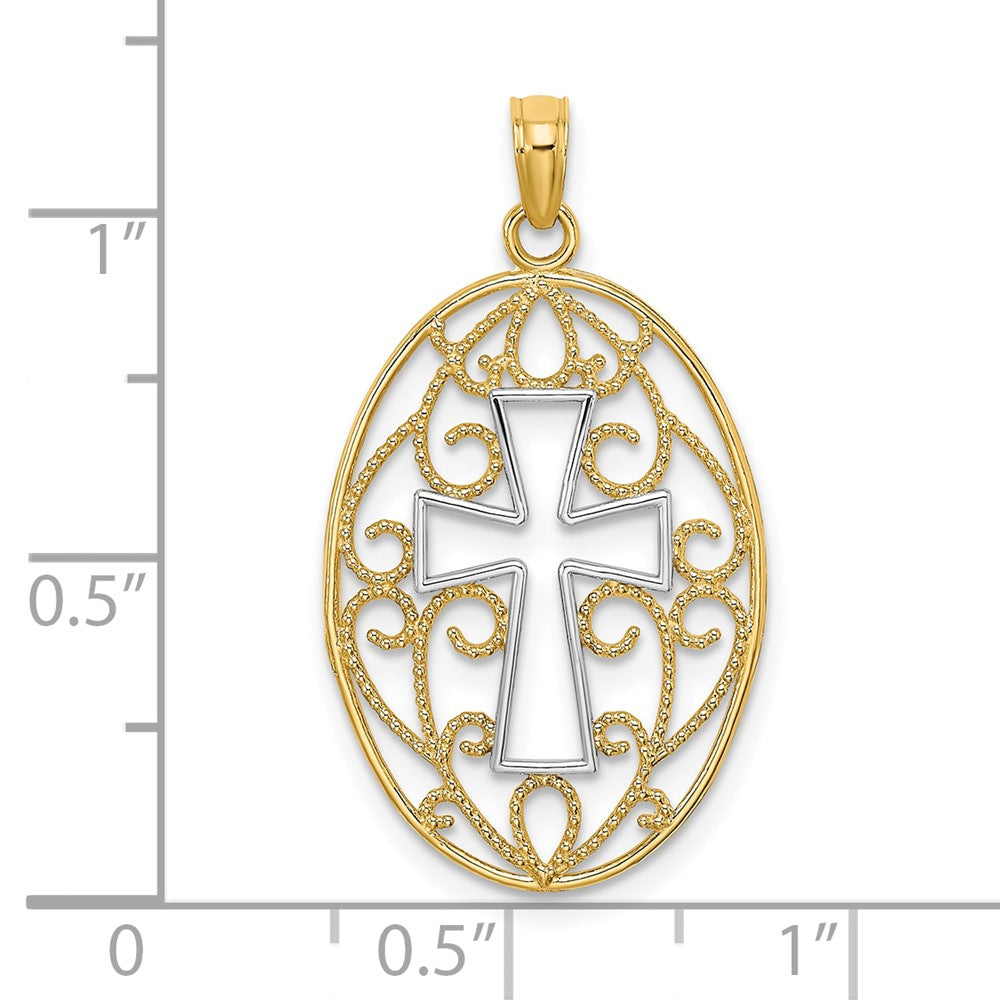 10K w/Rhodium Beaded Filigree Cross Charm-10K9412