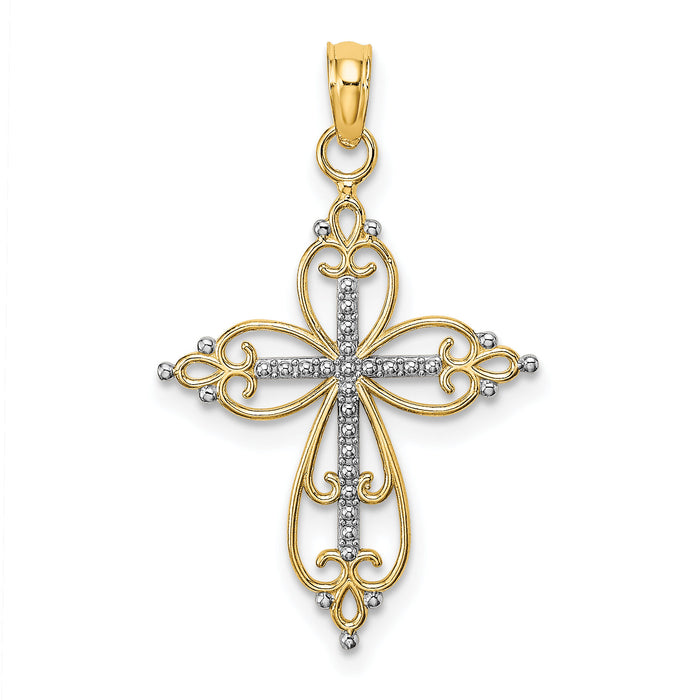 10K W/ Rhodium Beaded Cross Charm-10K9443