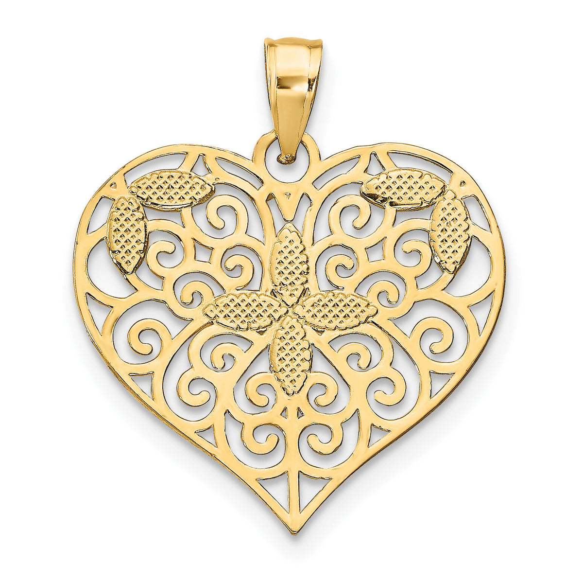 10k w/Rhodium Cut-Out Filigree Flower and Heart Charm-10K9448