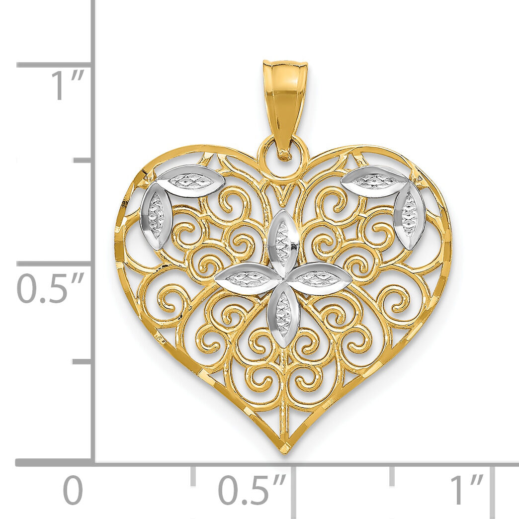 10k w/Rhodium Cut-Out Filigree Flower and Heart Charm-10K9448