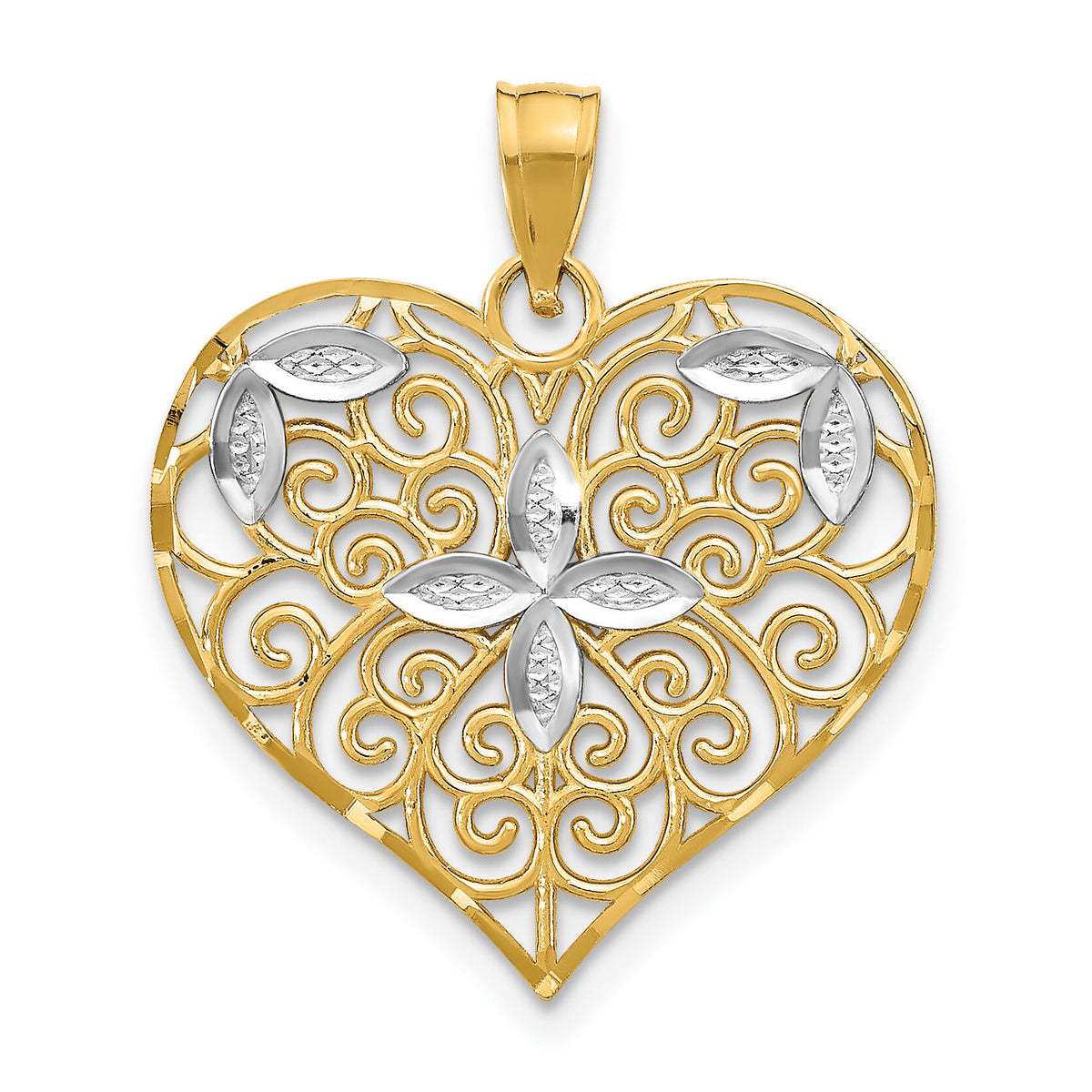 10k w/Rhodium Cut-Out Filigree Flower and Heart Charm-10K9448