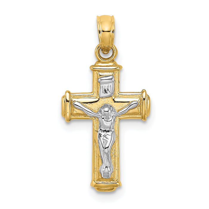 10K W/ Rhodium Polished Block Crucifix INRI Charm-10K9460