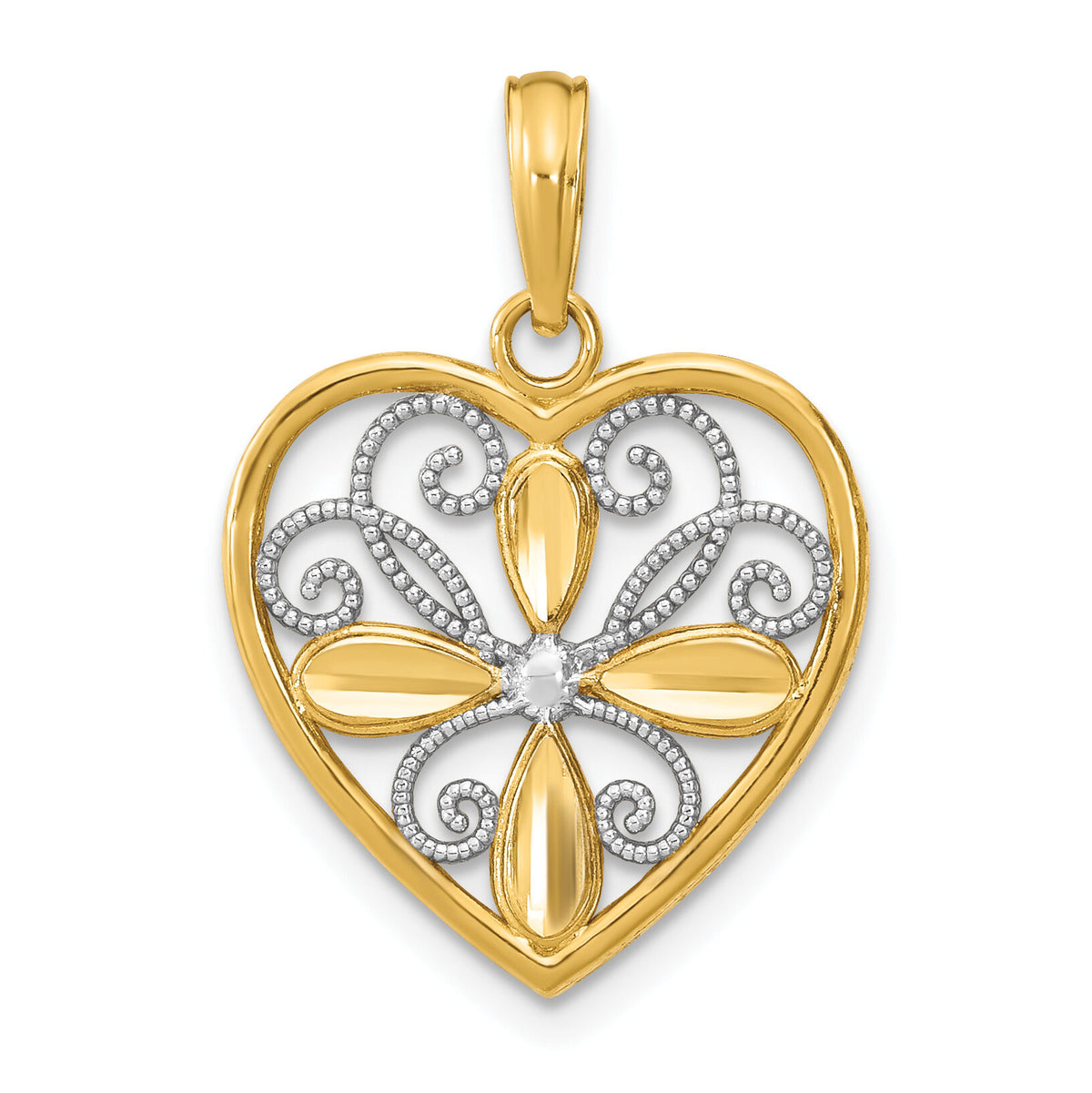 10K W/ Rhodium Beaded Filigree Fashion Heart Charm-10K9486