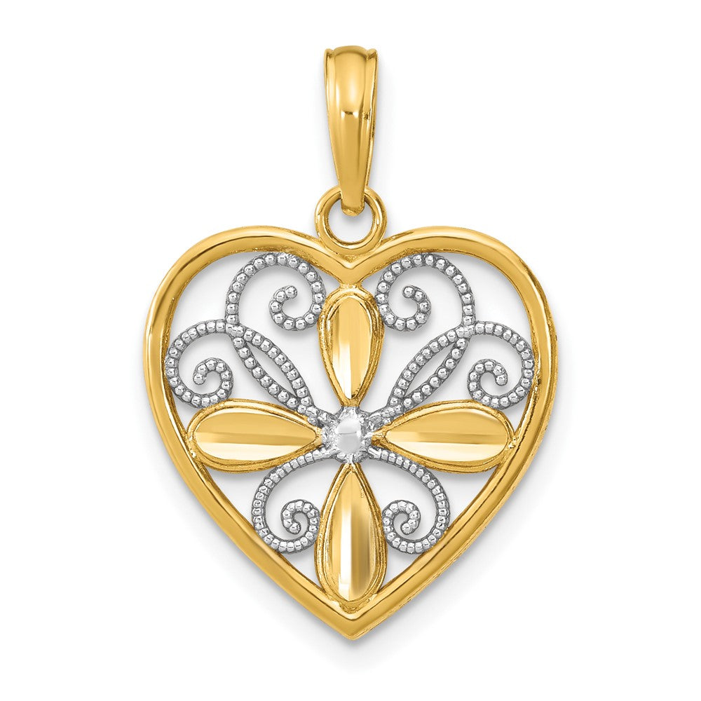10K W/ Rhodium Beaded Filigree Fashion Heart Charm-10K9486