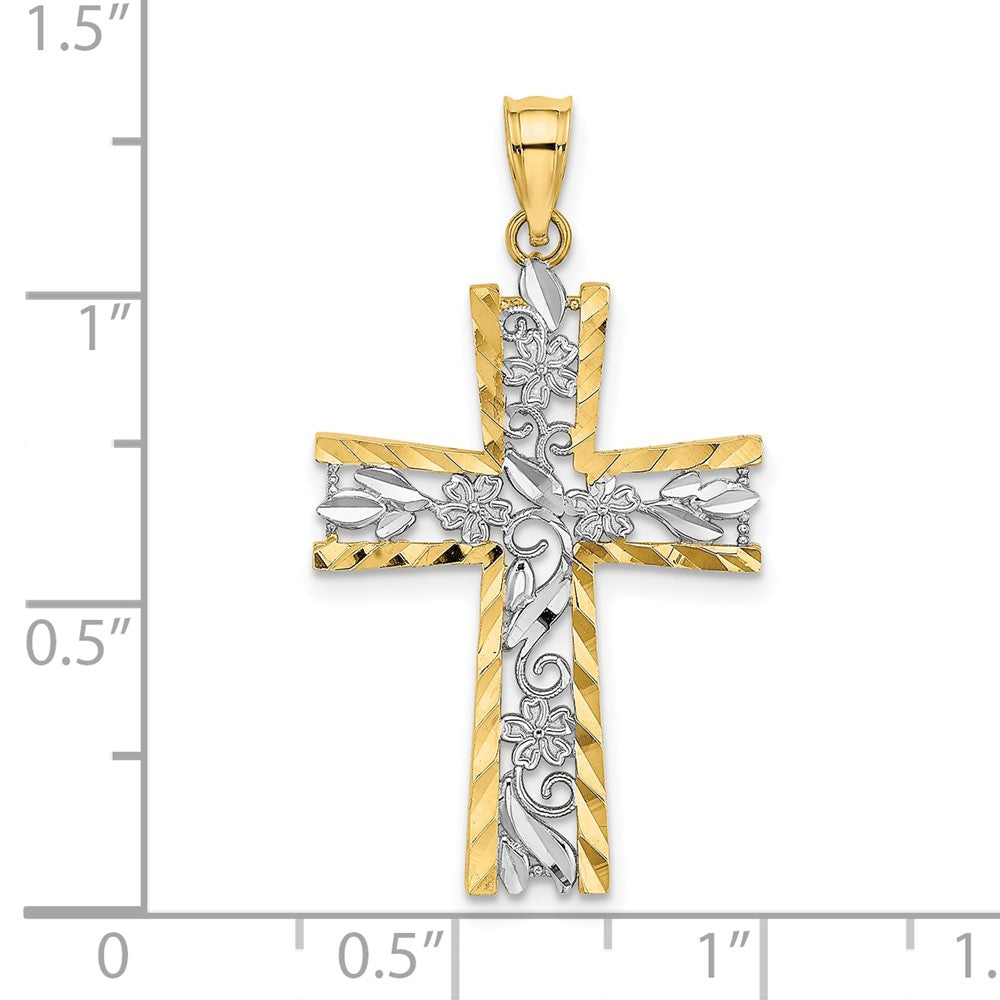 10K W/ Rhodium and D/C Flower Design Cross Charm-10K9496