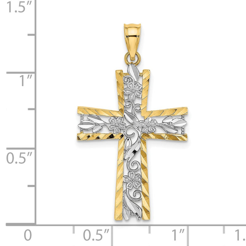 10K W/ Rhodium and D/C Flower Design Cross Charm-10K9496