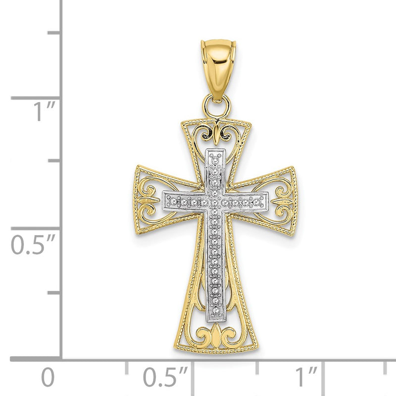 10K Two-tone 2-D and D/C Beaded Filigree Cross Charm-10K9502