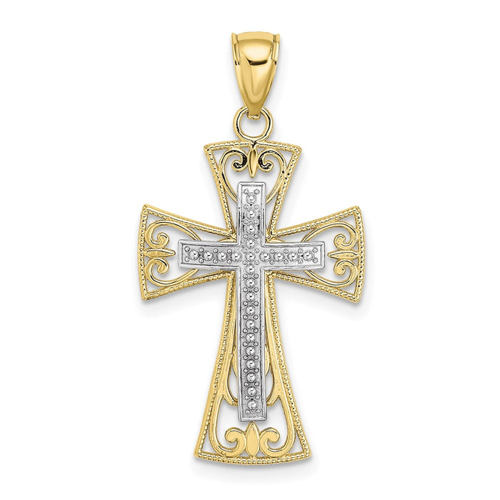 10K Two-tone 2-D and D/C Beaded Filigree Cross Charm-10K9502