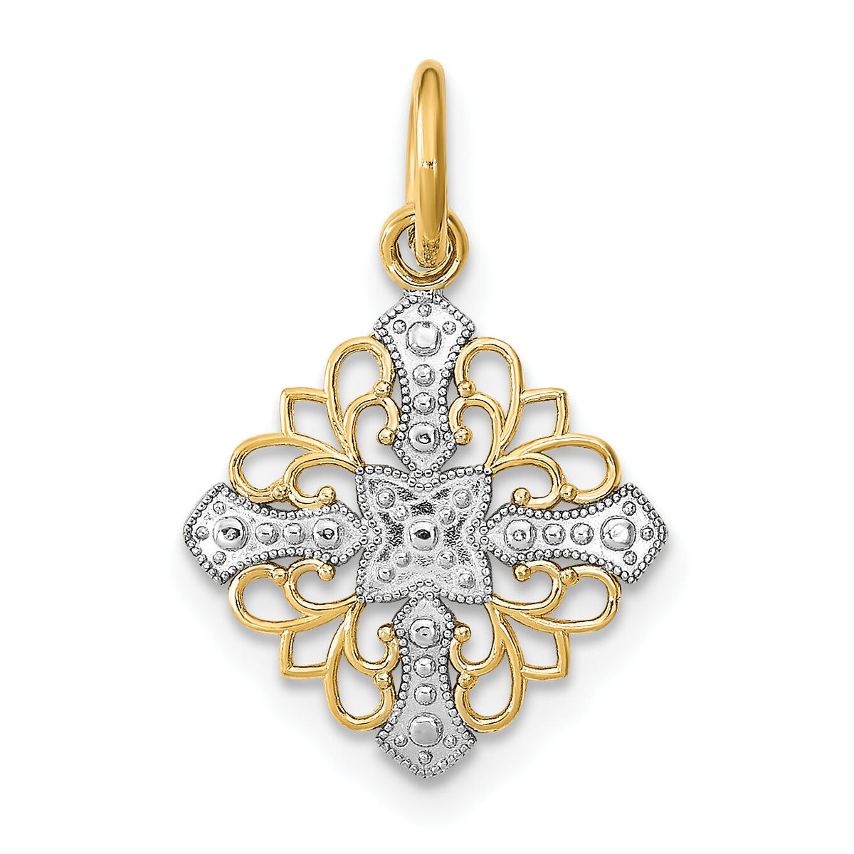 10K w/Rhodium and  D/C Filigree Medallion Charm-10K9508