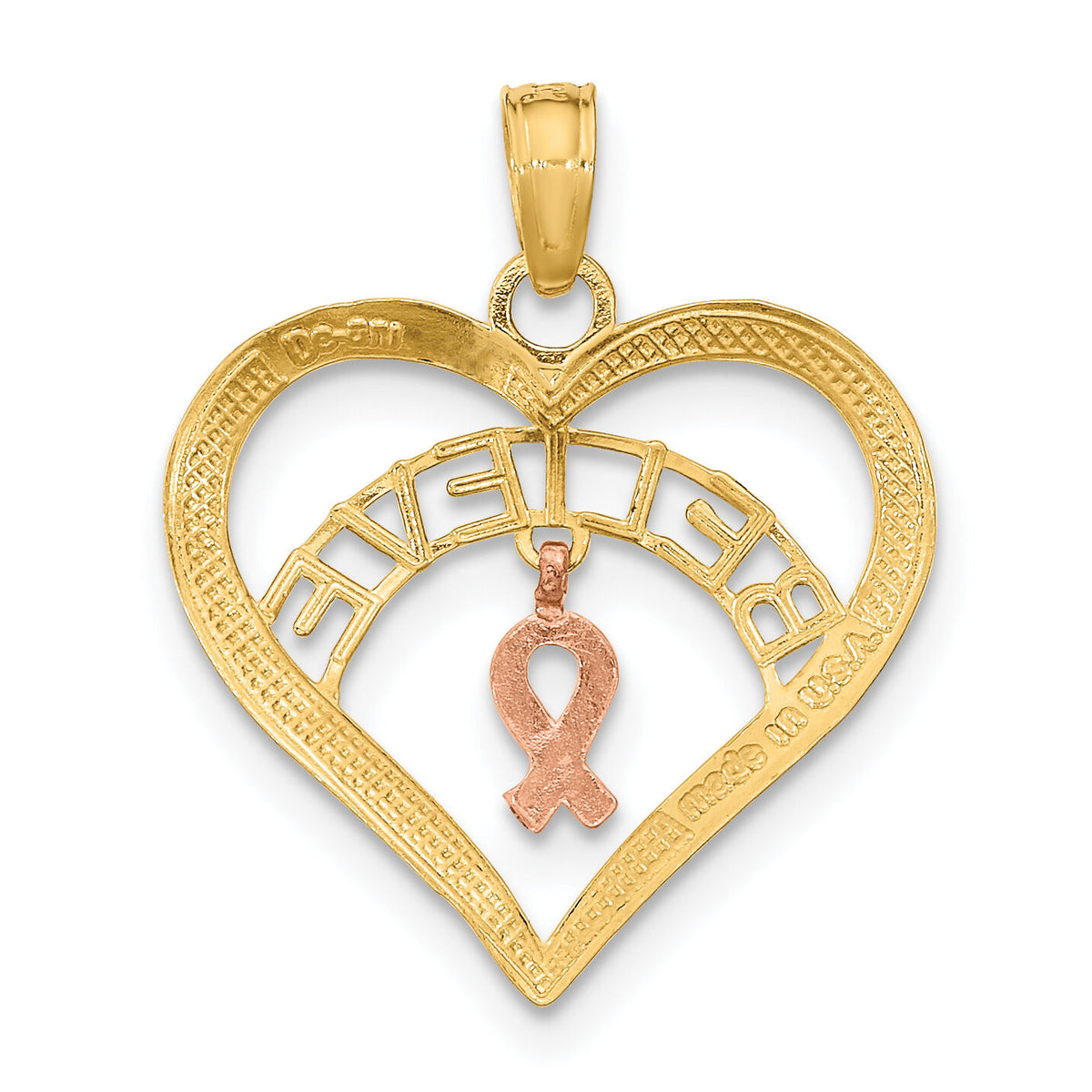 10k Two-tone with White Rhodium BELIEVE in Heart w/ Breast Cancer Ribbon-10K9551