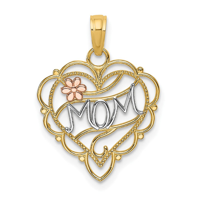 10K Two-Tone w/Rhodium MOM Heart W/ Flower Charm-10K9553