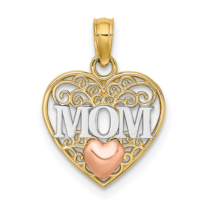 10k Two-tone w/White Rhodium MOM and Heart Pendant-10K9559