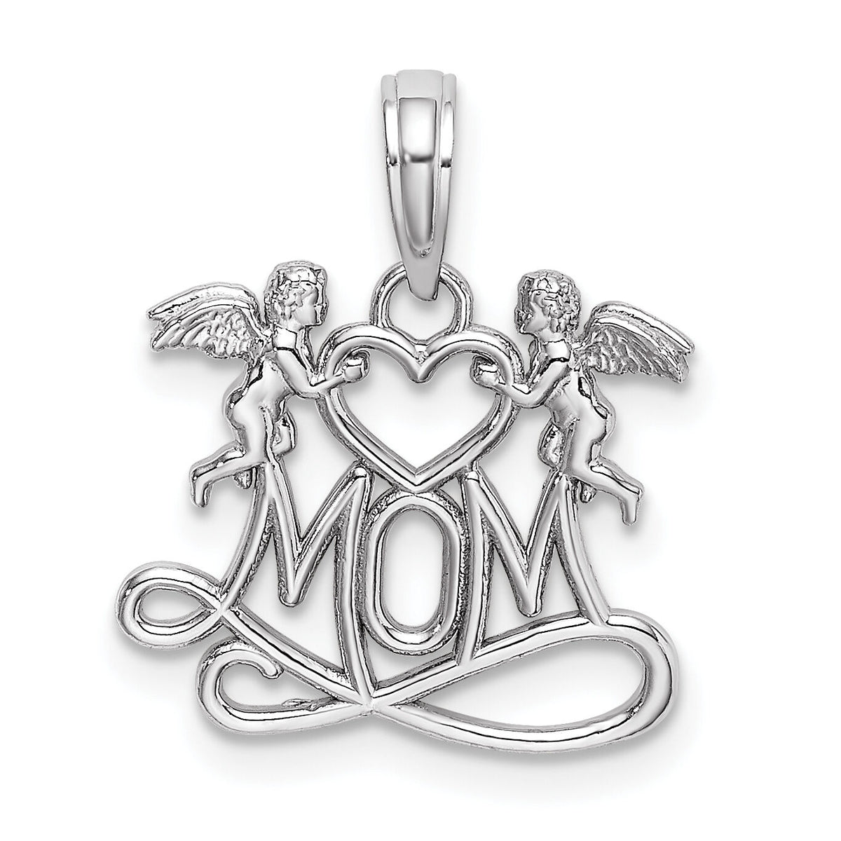 10k White Gold Polished MOM w/Heart and Angels Pendant-10K9577W