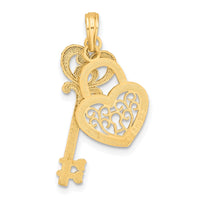 10k & w/Rhodium Filigree Heart Lock and Key Pendant-10K9632