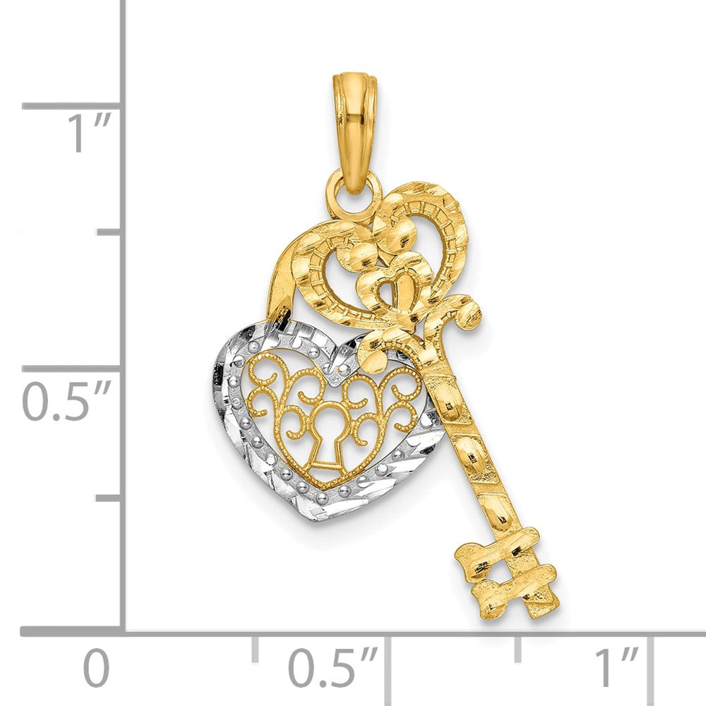 10k & w/Rhodium Filigree Heart Lock and Key Pendant-10K9632