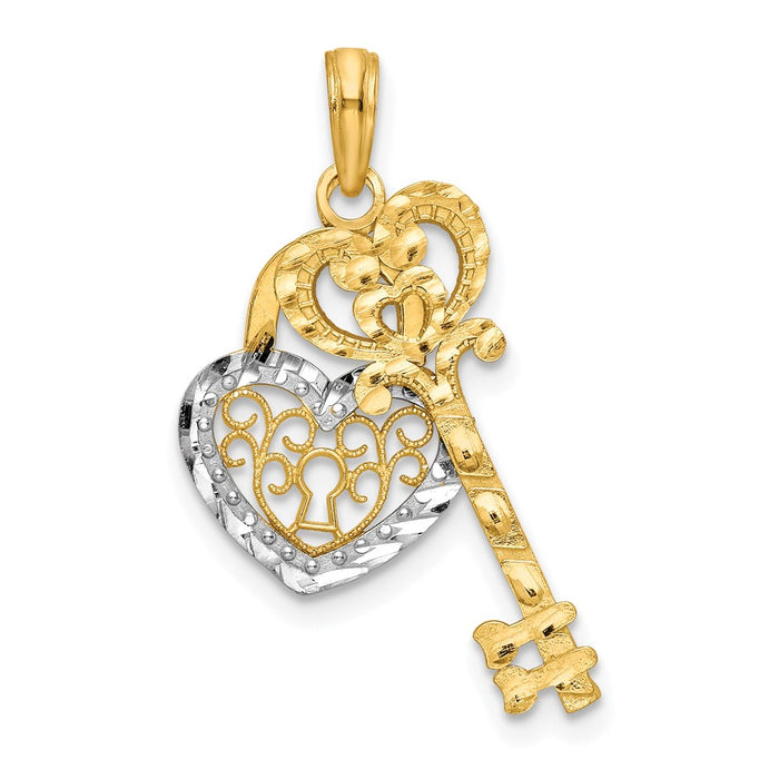 10k & w/Rhodium Filigree Heart Lock and Key Pendant-10K9632