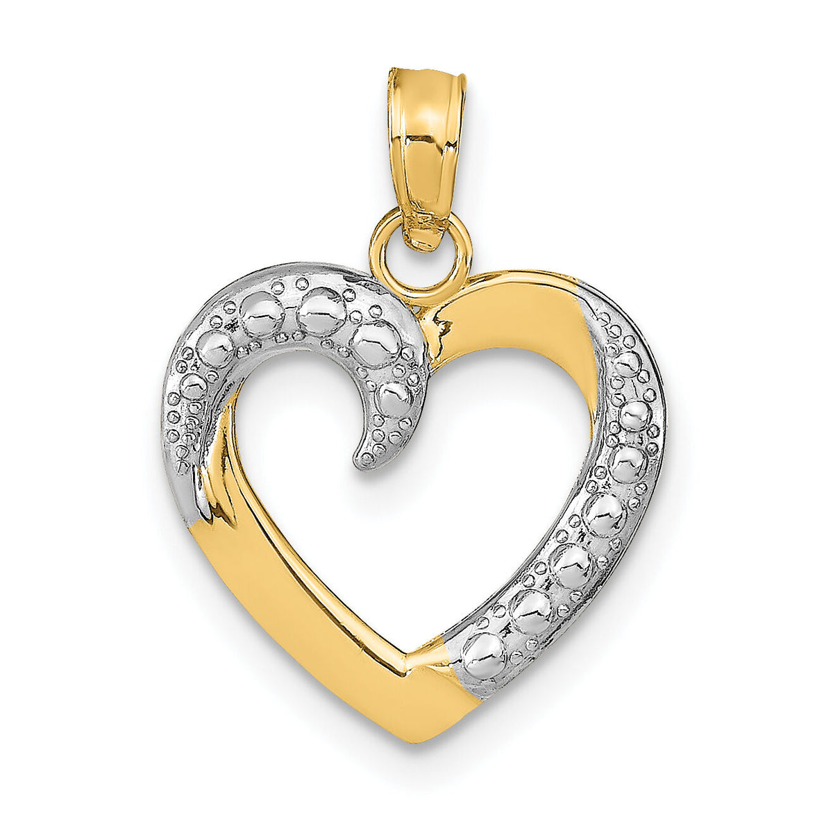 10K w/Rhodium Polished and Textured Heart Pendant-10K9678