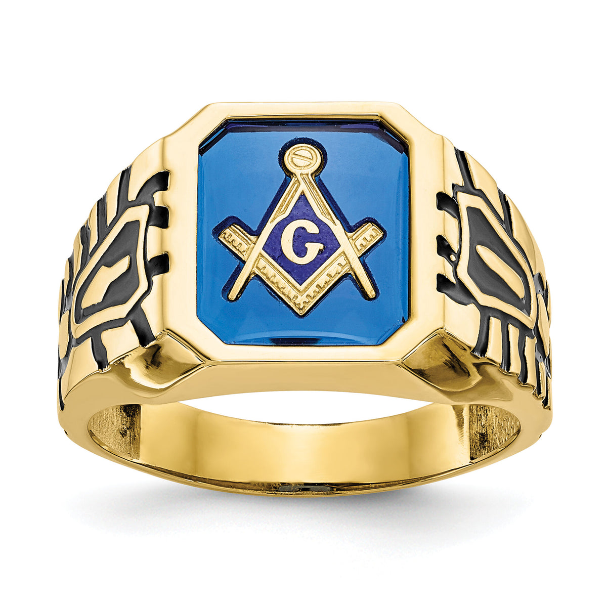 10k Men's Polished, Antiqued and Grooved w/ Imit. Blue Spinel Masonic Ring-10X27