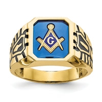 10k Men's Polished, Antiqued and Grooved w/ Imit. Blue Spinel Masonic Ring-10X27