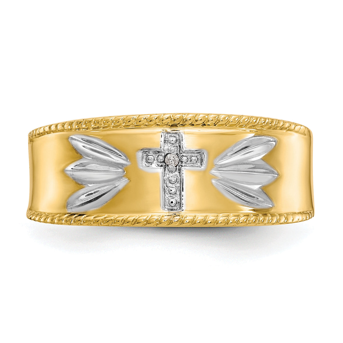 10k & Rhodium .01ct. Diamond Trio Men's Cross Wedding Band-10X74