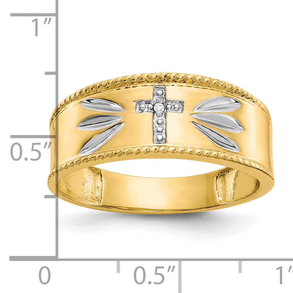 10k & Rhodium .01ct. Diamond Trio Men's Cross Wedding Band-10X74