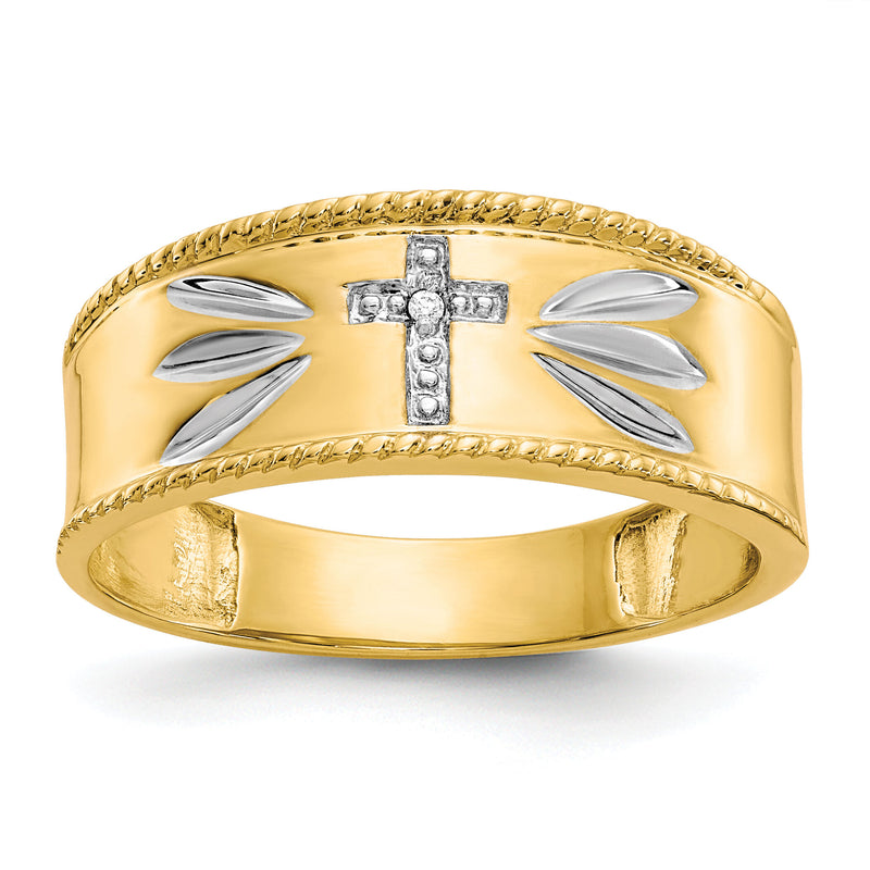10k & Rhodium .01ct. Diamond Trio Men's Cross Wedding Band-10X74