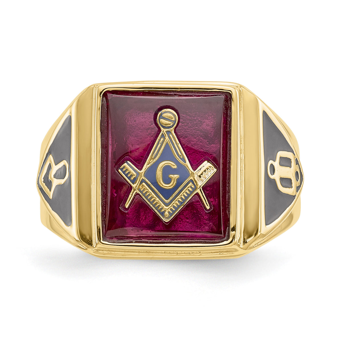 10k Men's Textured w/ Black Enamel & Lab Cr. Ruby Masonic Ring-10Y1576M