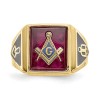 10k Men's Textured w/ Black Enamel & Lab Cr. Ruby Masonic Ring-10Y1576M