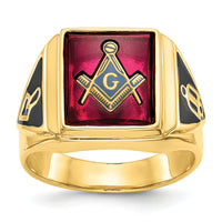 10k Men's Textured w/ Black Enamel & Lab Cr. Ruby Masonic Ring-10Y1576M