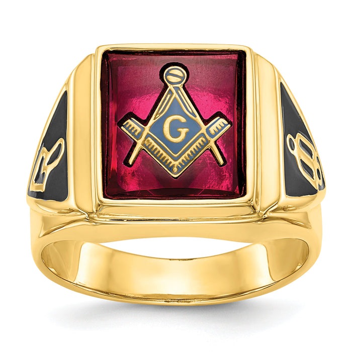 10k Men's Textured w/ Black Enamel & Lab Cr. Ruby Masonic Ring-10Y1576M