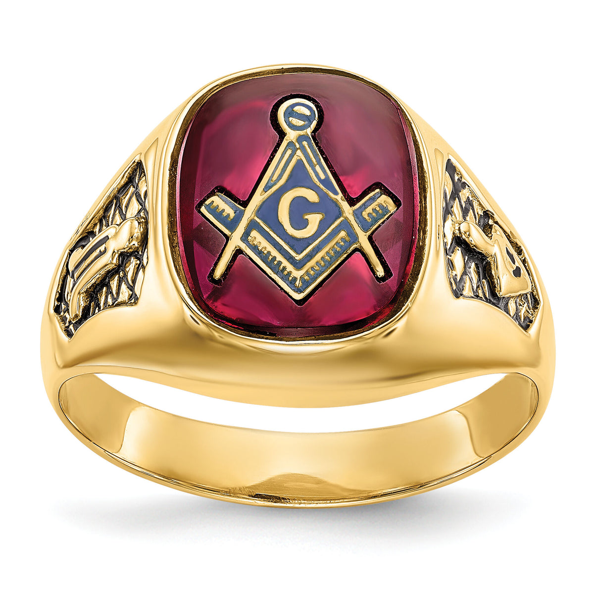 10k Men's Textured w/ Black Enamel & Lab Cr. Ruby Masonic Ring-10Y1583M