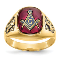 10k Men's Textured w/ Black Enamel & Lab Cr. Ruby Masonic Ring-10Y1583M