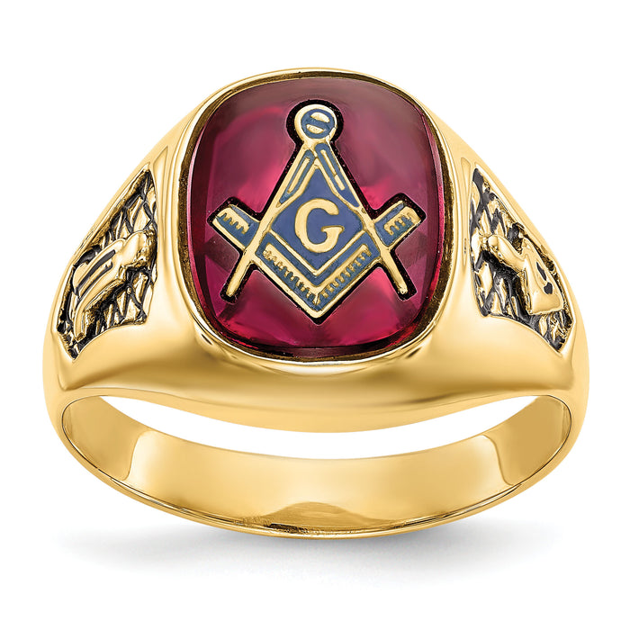 10k Men's Textured w/ Black Enamel & Lab Cr. Ruby Masonic Ring-10Y1583M