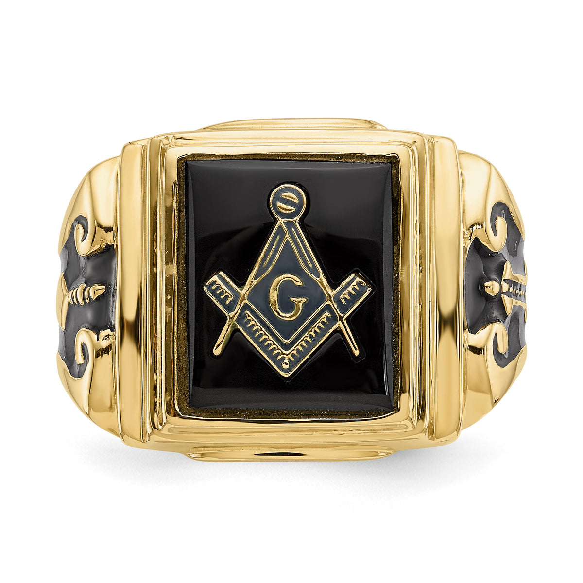 10k Men's Polished and Textured with Black Enamel and Onyx Masonic Ring-10Y1593M