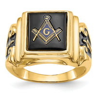 10k Men's Polished and Textured with Black Enamel and Onyx Masonic Ring-10Y1593M