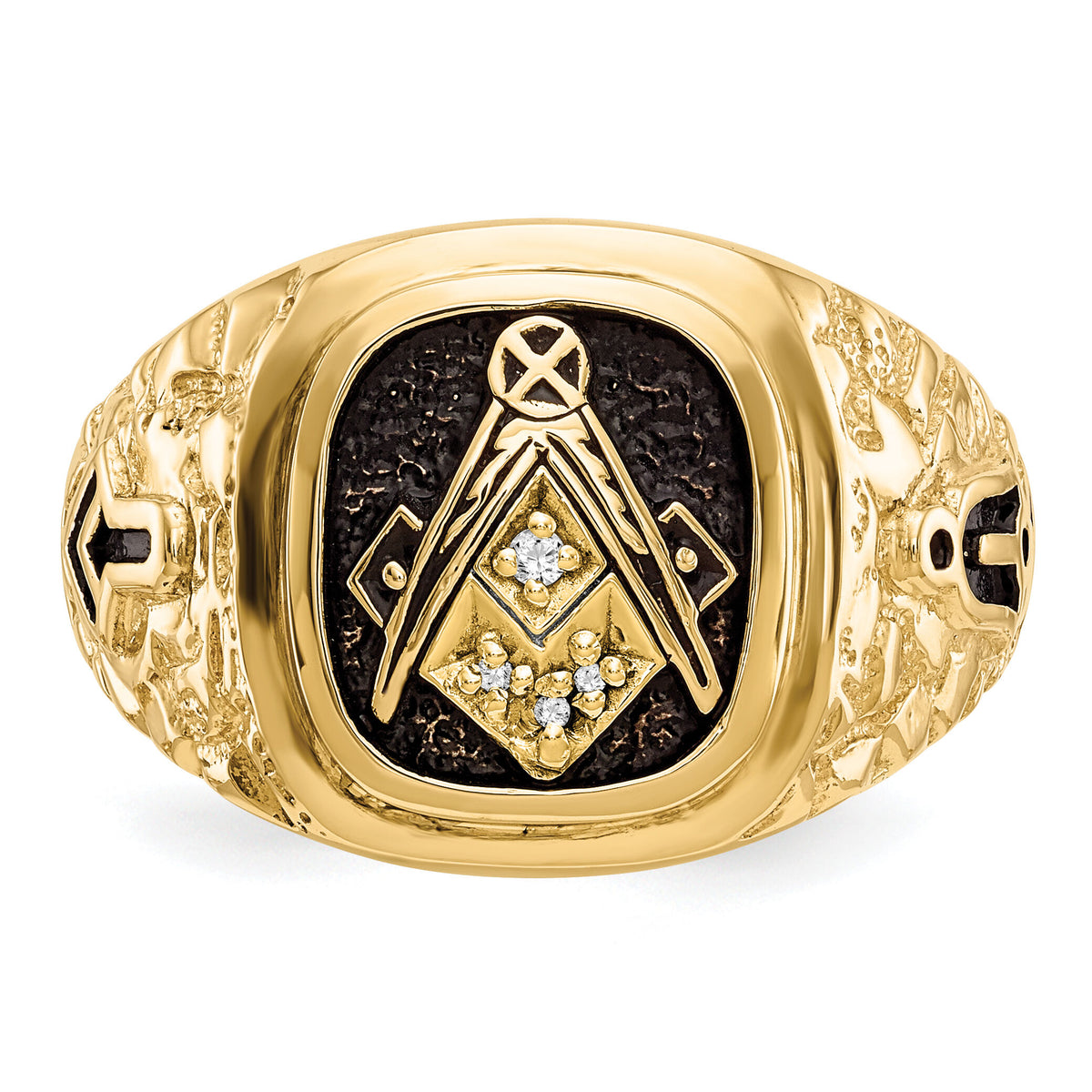 10k Polished, Antiqued and Nugget Texture Diamond Masonic Ring-10Y4035AA