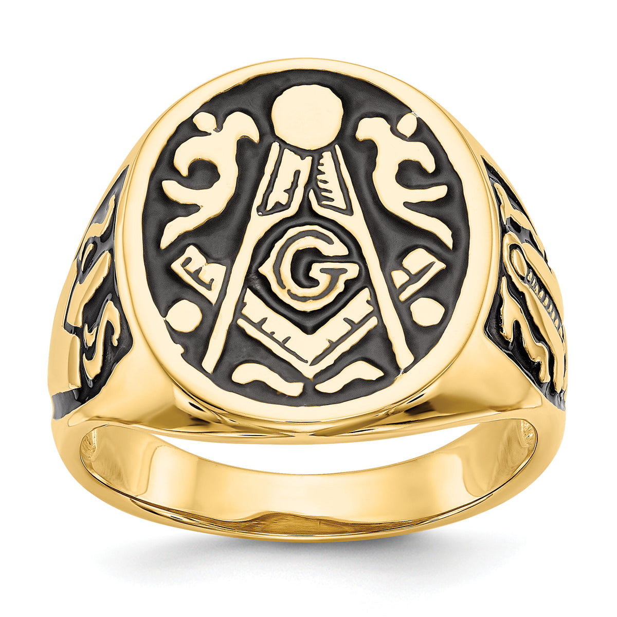 10k Men's Polished and Grooved with Black Enamel Masonic Ring-10Y4041M