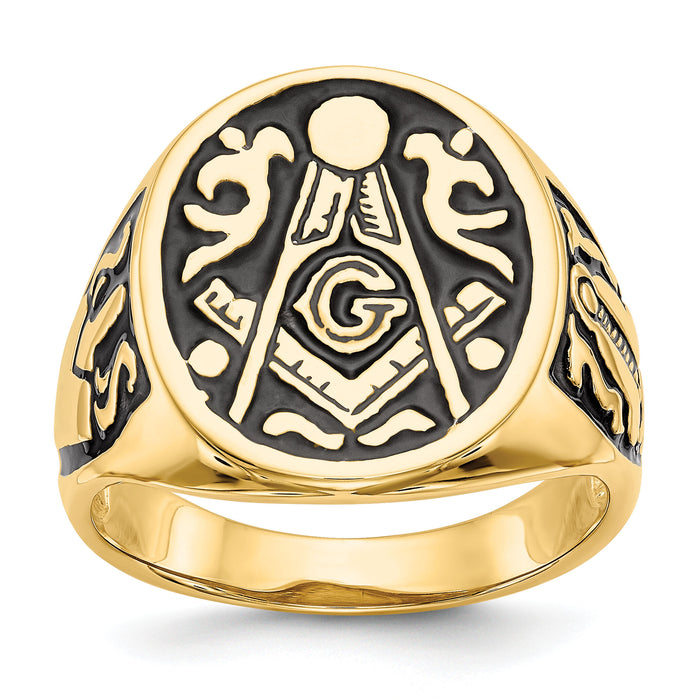 10k Men's Polished and Grooved with Black Enamel Masonic Ring-10Y4041M