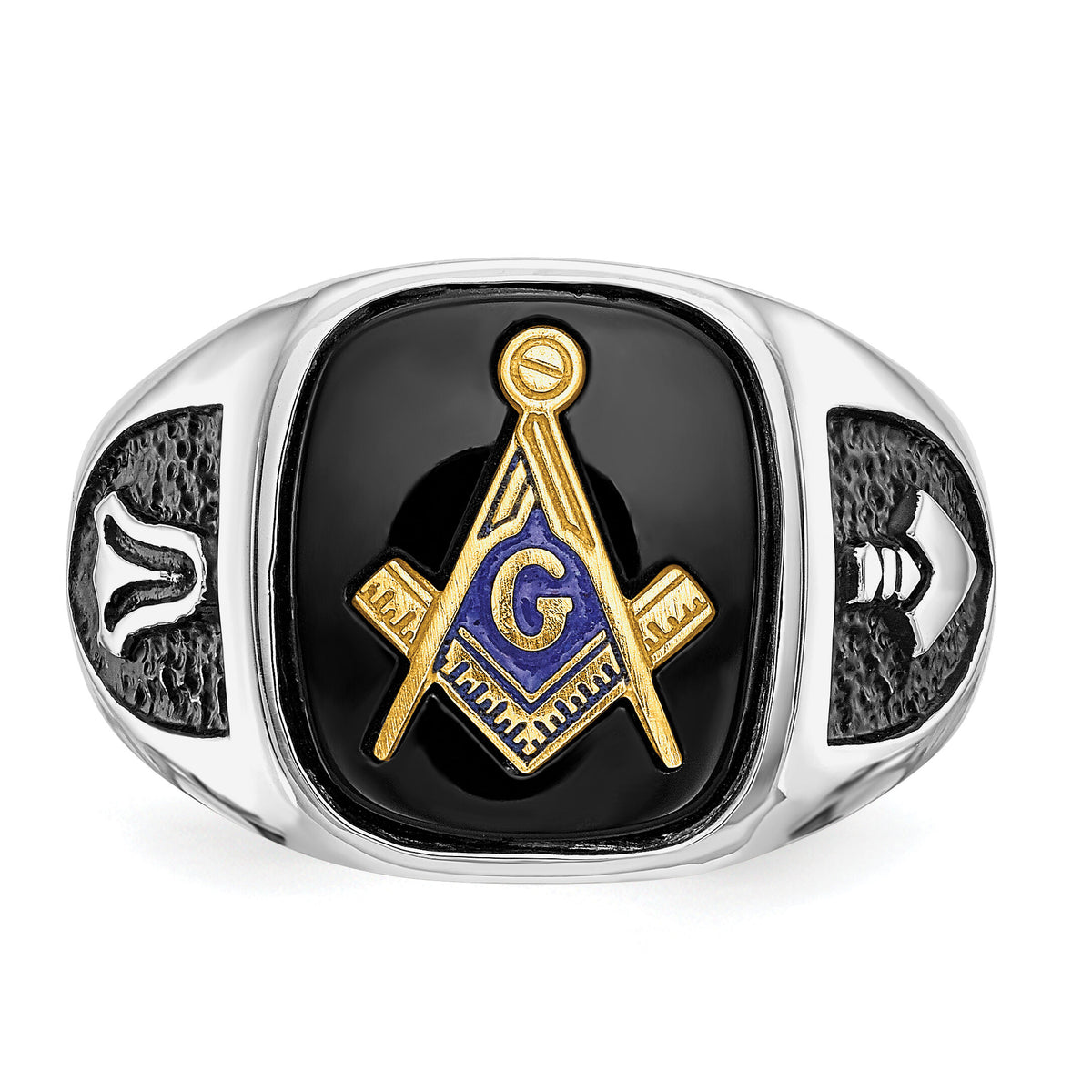 10kw & Gold-plated Men's Textured w/ Black Enamel & Onyx Masonic Ring-10Y4085M