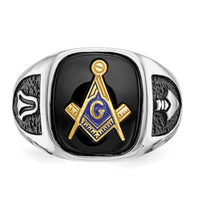 10kw & Gold-plated Men's Textured w/ Black Enamel & Onyx Masonic Ring-10Y4085M