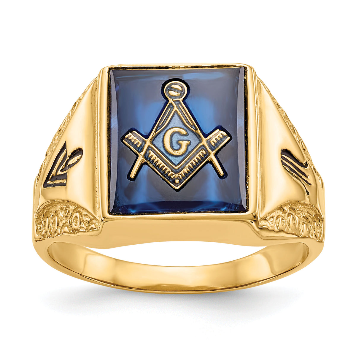 10k Men's Antiqued & Textured with Imit. Blue Spinel Masonic Ring-10Y4094M