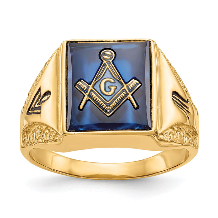 10k Men's Antiqued & Textured with Imit. Blue Spinel Masonic Ring-10Y4094M