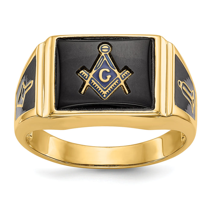 10k Men's Polished & Textured w/ Black Enamel & Onyx Masonic Ring-10Y4108M