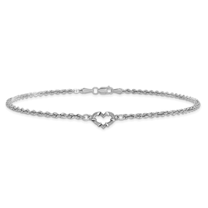 10k White Gold Diamond-cut Hollow Rope with Heart 9in Anklet-10ANK153-9